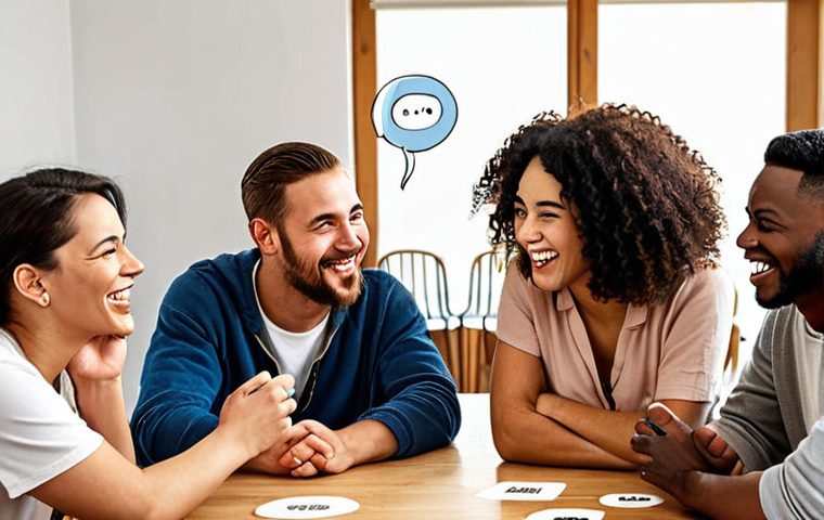 **

A diverse group of people, representing different ethnicities, genders, and abilities, are gathered around a table. They are smiling and engaged in a lively discussion. Above them, in a thought bubble, are examples of inclusive language replacing outdated or offensive terms. The scene is bright and welcoming, suggesting a positive and respectful environment. Focus on natural poses and expressions.

**