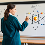 **

A professional science educator, fully clothed in modest attire, standing in front of a brightly lit classroom filled with students. A diagram of an atom is visible on the whiteboard. Safe for work, appropriate content, perfect anatomy, natural proportions, family-friendly, professional photography.

**