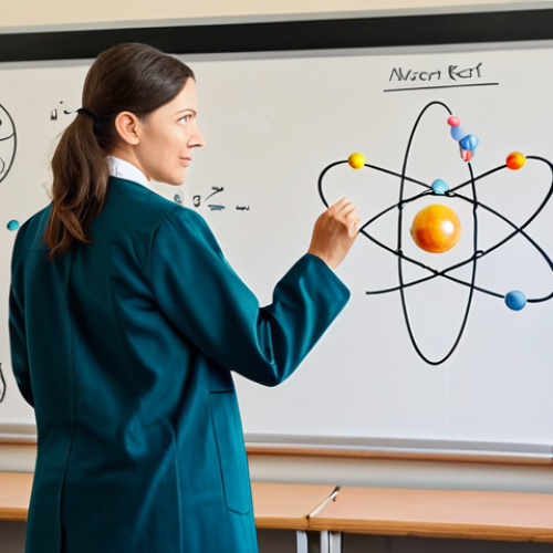 **

A professional science educator, fully clothed in modest attire, standing in front of a brightly lit classroom filled with students. A diagram of an atom is visible on the whiteboard. Safe for work, appropriate content, perfect anatomy, natural proportions, family-friendly, professional photography.

**