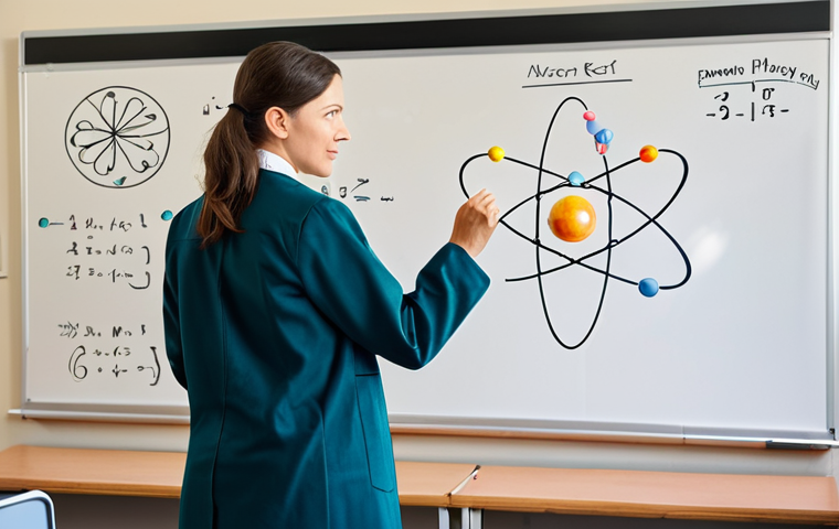 **

A professional science educator, fully clothed in modest attire, standing in front of a brightly lit classroom filled with students. A diagram of an atom is visible on the whiteboard. Safe for work, appropriate content, perfect anatomy, natural proportions, family-friendly, professional photography.

**
