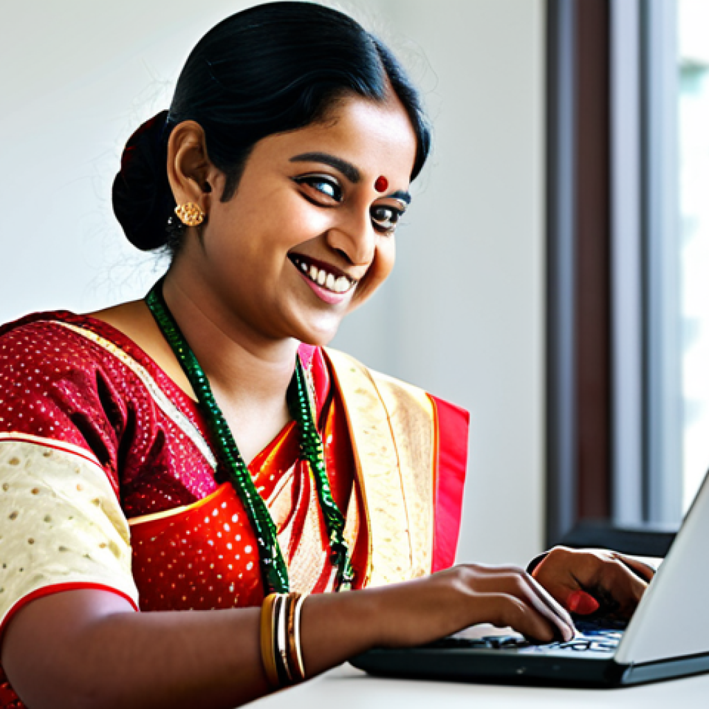 웹용 사전 개발 - A professional Bengali woman wearing a traditional sari, smiling gently while working on a laptop in...