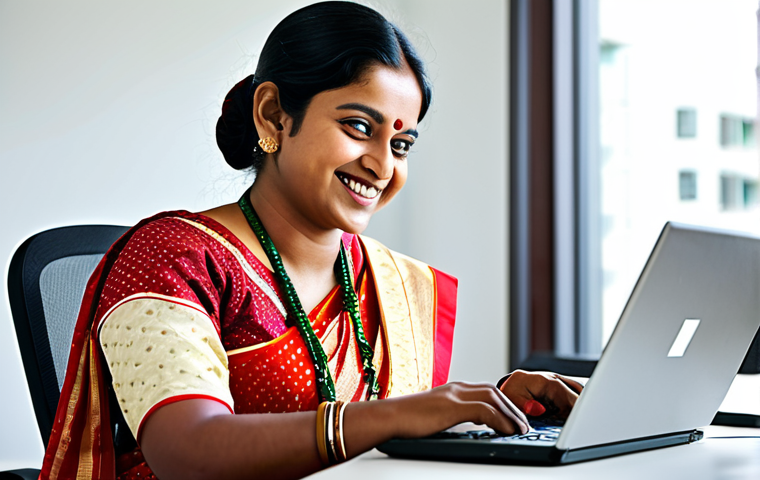 웹용 사전 개발 - A professional Bengali woman wearing a traditional sari, smiling gently while working on a laptop in...