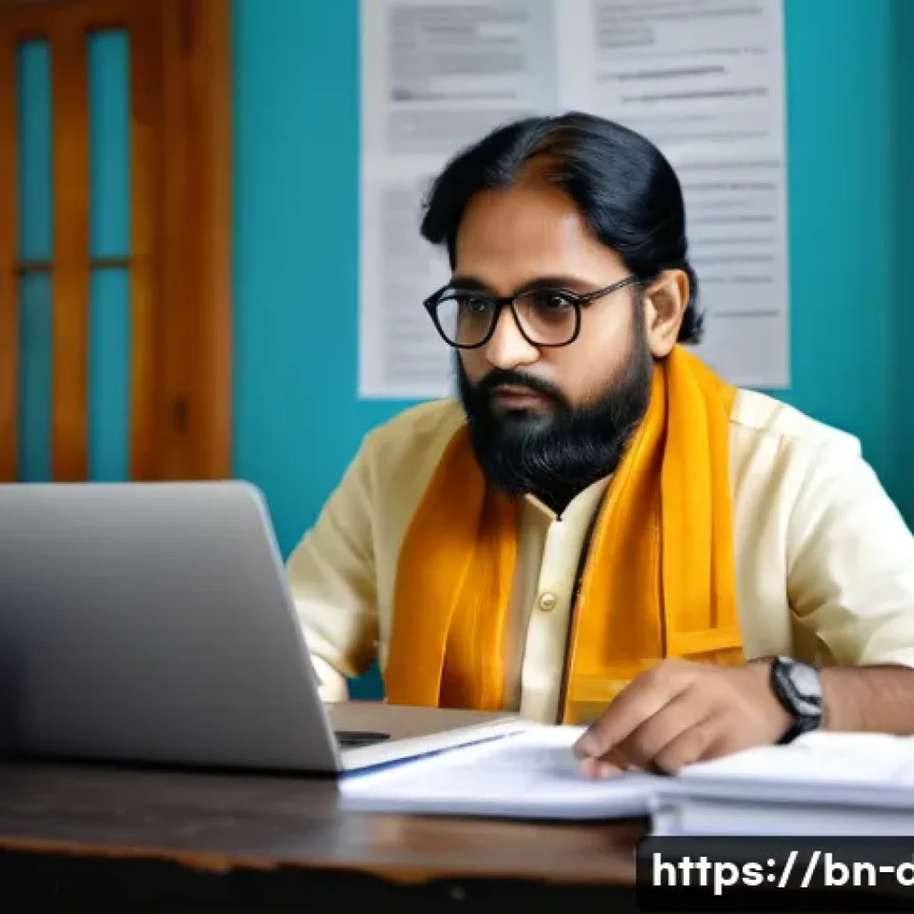 용어집 번역 - A professional Bengali translator sitting at a modern workspace filled with bilingual dictionaries, ...