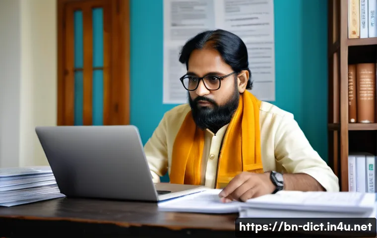 용어집 번역 - A professional Bengali translator sitting at a modern workspace filled with bilingual dictionaries, ...