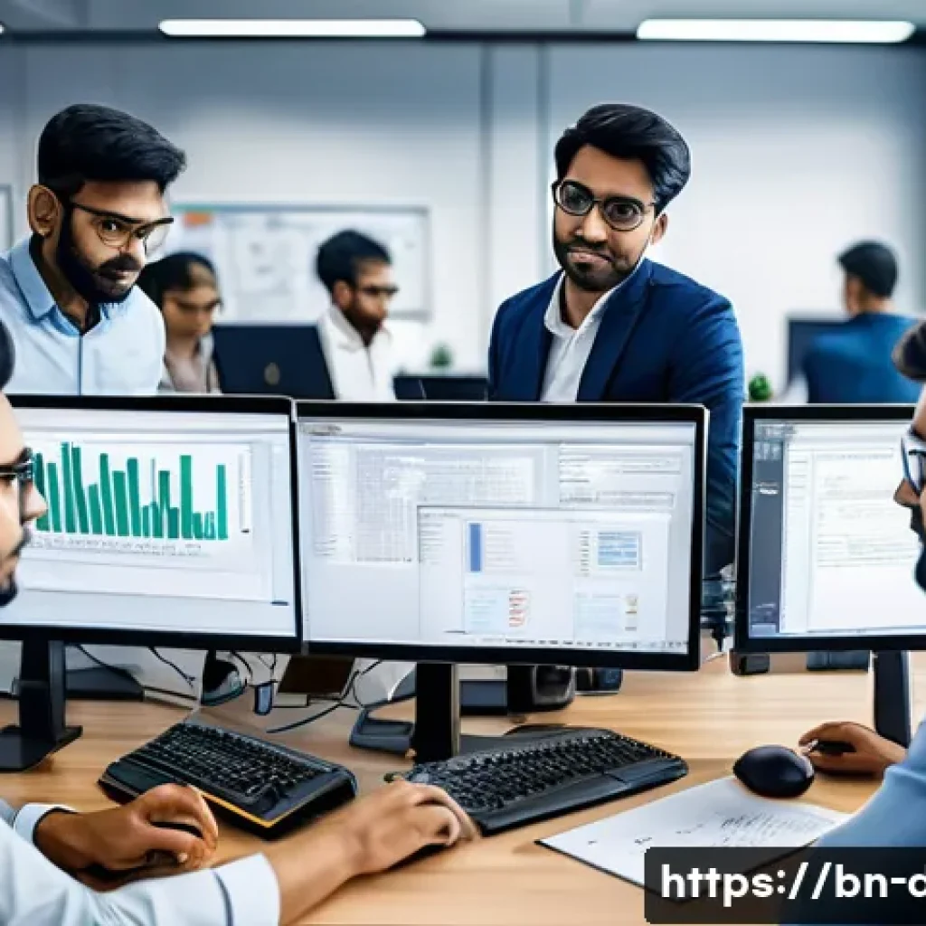 업계 용어집 - A professional office setting showing a diverse team of Bengali-speaking software developers collabo...