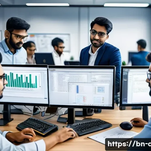 업계 용어집 - A professional office setting showing a diverse team of Bengali-speaking software developers collabo...