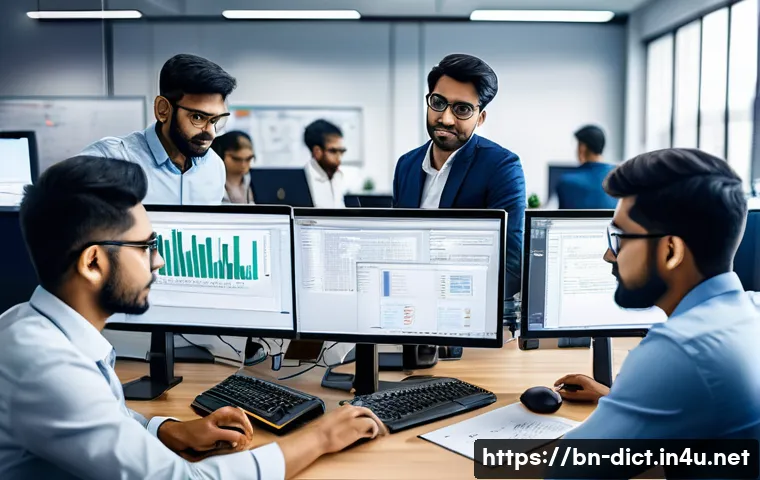 업계 용어집 - A professional office setting showing a diverse team of Bengali-speaking software developers collabo...
