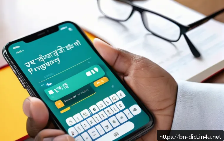 용어집 발전 방향 - A modern digital Bengali dictionary interface displayed on a sleek smartphone screen, showing an AI-...
