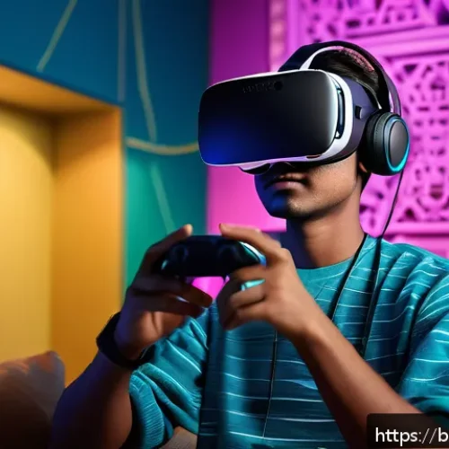가상 현실 용어집 - A detailed futuristic virtual reality gaming setup showing a Bengali young adult wearing a comfortab...