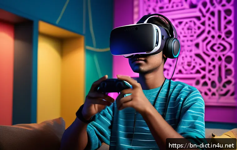 가상 현실 용어집 - A detailed futuristic virtual reality gaming setup showing a Bengali young adult wearing a comfortab...