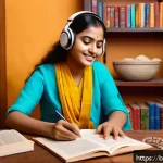 용어집 프로젝트 - A vibrant scene of a young Bengali woman immersed in language learning at home: she&rsquo;s surrounded by ...