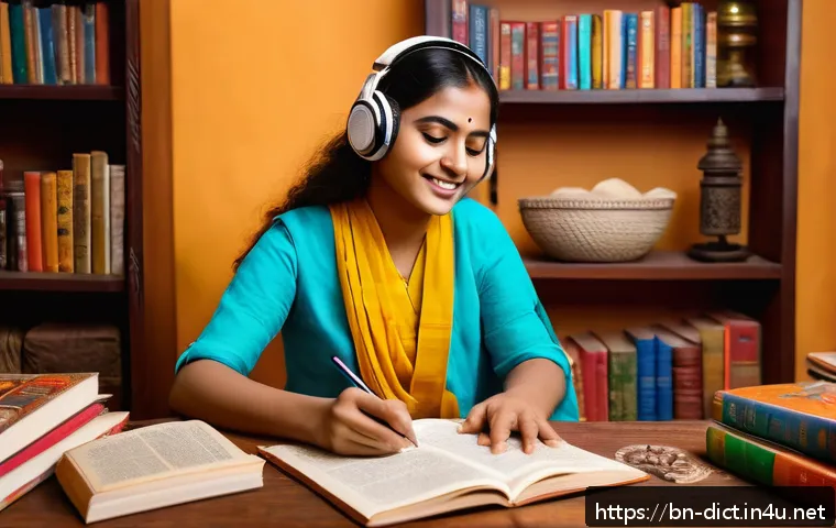 용어집 프로젝트 - A vibrant scene of a young Bengali woman immersed in language learning at home: she’s surrounded by ...