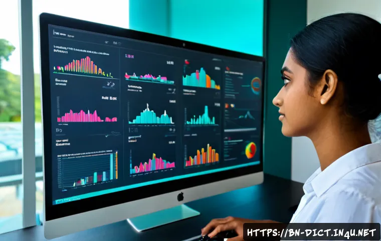 Home 17 빅 데이터 용어집 - Photorealistic modern data analyst workspace, a Bengali professional studying a large wall display o...
