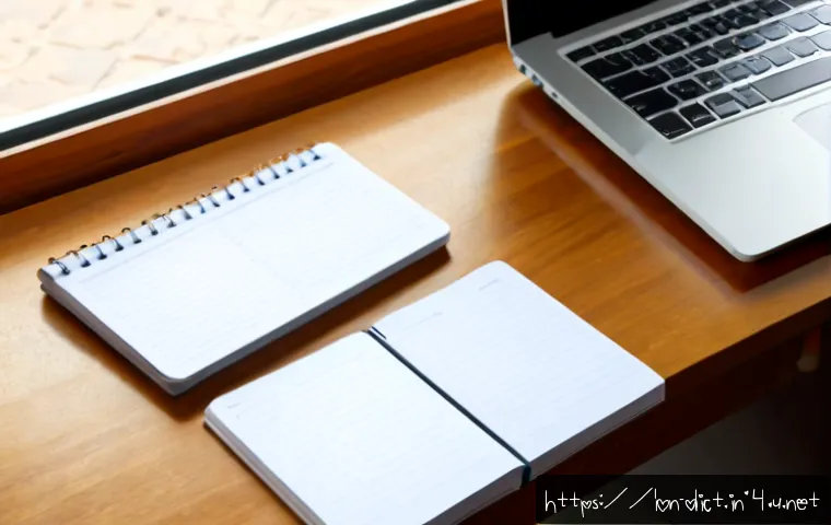 최신 용어집 - Photorealistic modern study desk for updating a language glossary, open blank notebook with clean em...